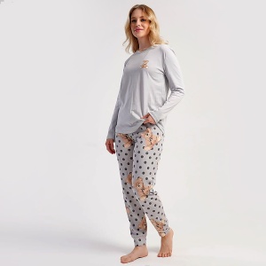 Pijama Damă din Bumbac 100% Vienetta, Model 'Sweet Teddy' - Prezentare pijama din lateral.