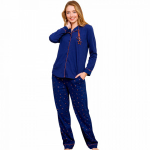 Pijamale Dama cu Nasturi din Bumbac Vienetta Model 'Monlight Stars' Blue
