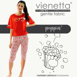 Pijamale Dama Vienetta din Bumbac cu Pantalon 3/4 Model 'Poppin' Red'