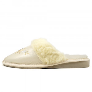 Papuci de Casa Îmblăniți cu Lână de Oaie Model 'Pearls' Cream