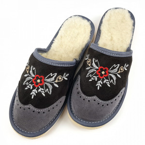 Papuci de Casa din Piele Imblaniti cu Lana Model 'London Brogue Inspire' Dark