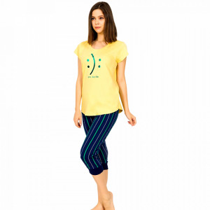 Vienetta Women's Cotton Pajamas with 3/4 Pants Model 'Happy or Sad You Decide'
