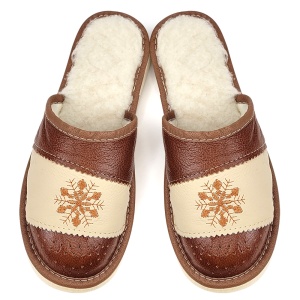 Women's Leather Slippers with Wool Lining 'Let it Snow' Caramel Model | Comfort and Elegance