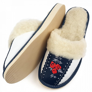Papuci de Casa Dama Imblaniti cu Lana de Oaie Model 'Root Traditions' Dark Blue