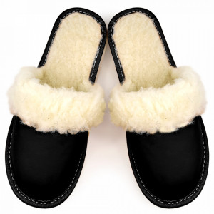 Women's Slippers Lined with Sheep Wool Model 'Joy Season' Black