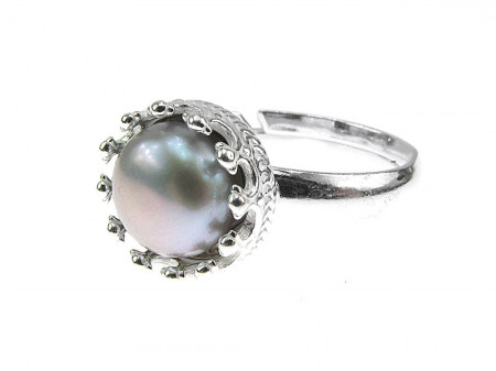 Inel argint reglabil coroana cu perla de cultura gri 8 MM