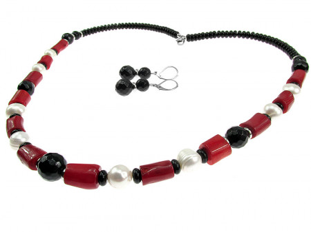 Set Boho Chic onix, perle de cultura si coral natural