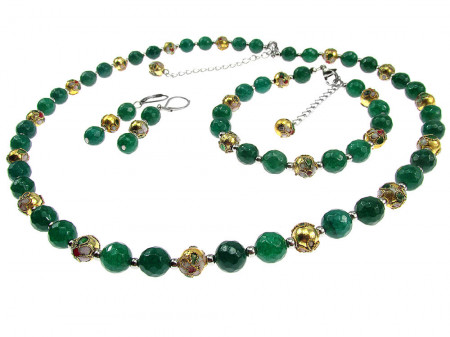 Set Bohemian agate verzi naturale si cloisonne auriu