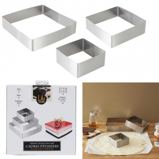 Set 3 forme de copt tip rama, patrat, inox, 10x10, 15x15, 20x20 cm