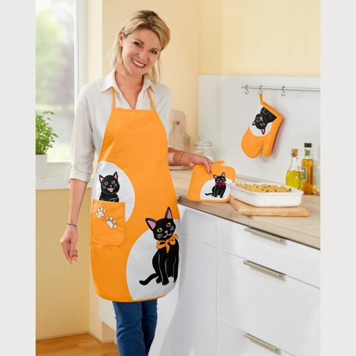 Set 3 piese, sort bucatarie, manusa si suport oale, bumbac 100%, portocaliu Happymax