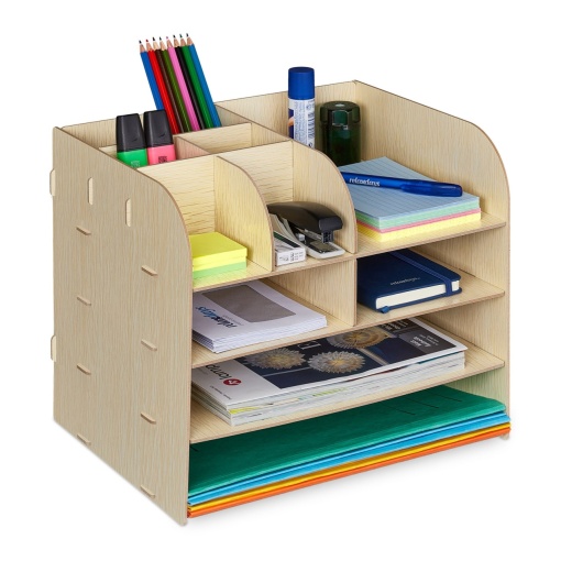 Organizator de birou, cu 10 compartimente , 27,5 x 32,5 x 25 cm, fabricat din MDF, maro deschis, Relaxdays