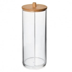 Cutie dischete demachiante, cu capac lemn de bambus, 17,5 x 7 cm, happymax.ro, organizator dischete demachiante, organizator discuri demachiante, organizator cosmetice, recipient dischete demachiante pentru baie