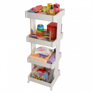 Etajera mobila cu roti, tip carucior, 4 rafturi, alb, 39 x 36 x H 107 cm  Carucior ingust pentru depozitare in baie si bucatarie, Rafturi din plastic cu roti pentru depozitare in bucatarie si baie. Etajera cu roti si 3 polite depozitare
