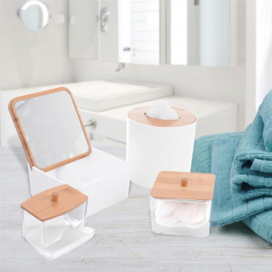 Recipient pentru dischete demachiante, cu capac din bambus, happymax.ro organizator dischete demachiante, organizator discuri demachiante, organizator cosmetice, Organizator transparent pentru bețișoare și dischete