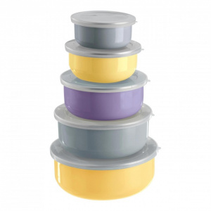 Set 5 cutii alimentare emailate cu capac plastic, Happymax