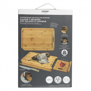 Tocator bambus cu cantar de bucatarie si ascutitor cutite, 38x28,5x3,5 cm, Happymax