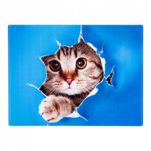 Tocator de sticla pentru bucatarie, picioruse antiderapante, pisica, 30x40x2cm, Happymax, tocator de sticla, tocator bucatarie, tocator antiderapant, tocator pisica, tocator design pisica, tocator durabil, tocator igienic, tocator albastru, tocator decora