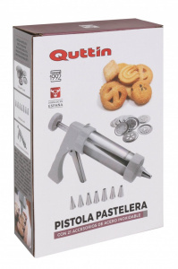 Aparat pistol pentru biscuiti si ornare patiserie, 21 accesorii Quttin. Dispozitiv pentru biscuiti, fursecuri cu discuri si duiuri de ornare de inox. Aparat tip pistol, pentru biscuiti si ornare patiserie, 21 accesorii, inox, Quttin,Aparat pistol biscuiti
