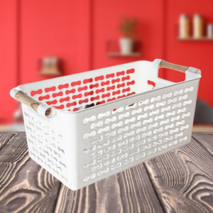 Cutie de plastic, cos depozitare cu manere lemn, L29xl14xh12cm-alb