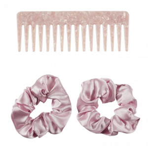 Set 3 pieptan si 2 elastice de par, din satin, roz, Happymax