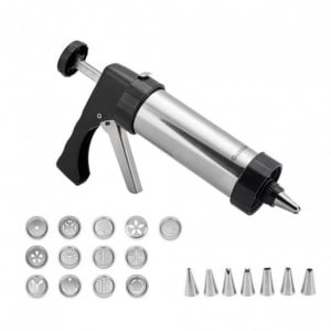 Aparat pistol pentru biscuiti si ornare patiserie, 21 accesorii Quttin. Dispozitiv pentru biscuiti, fursecuri cu discuri si duiuri de ornare de inox. Aparat tip pistol, pentru biscuiti si ornare patiserie, 21 accesorii, inox, Quttin,Aparat pistol biscuiti