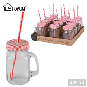 Cana sticla model borcan cu capac si pai 420 ml