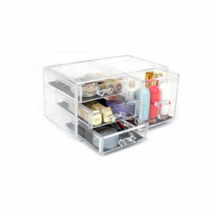 Cutie transparenta cu 4 sertare organizare obiecte mici, 23,8x15,3x10,8 cm, Happymax,Suport accesorii birou,cutie depozitare 4 compartimente,cutii si organizatoare,organizator sertar pentru obiecte mici,organizator obiecte mici