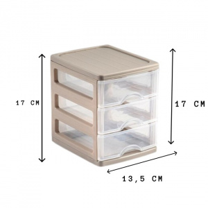 Organizator plastic,  cu 3 sertare, 13,5 x 17 x 17 , transparent - crem, Turia, Happymax, Organizator plastic cu sertare Organizator cu multiple sertare Sertare de depozitare din plastic Sistem de organizare cu sertare Organizator transparent cu sertare S