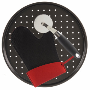 Set tava pizza, manusa cuptor si feliator pizza, set pentru preparare pizza la cuptor, tava perforata pizza, manusa d ebucatarie neopren si taietor pizza cu rotita
