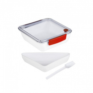 Cutie de pranz, 2 compartimente, cu furculita, 18,5 x 18,5 x 5cm - 1000ml - manere rosii
