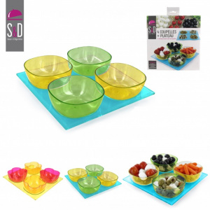 Set servire aperitive 5 piese-galben, Set servire aperitive, Set boluri pentru gustari, Platou aperitive cu boluri, Set servire mese festive, Boluri colorate pentru aperitive, Platou si boluri pentru petreceri, Set plastic pentru servire, Boluri individua