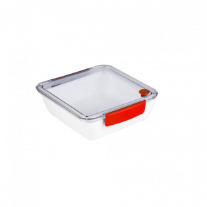 Cutie de pranz, 2 compartimente, cu furculita, 18,5 x 18,5 x 5cm - 1000ml - manere rosii