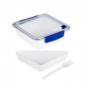 Cutie de pranz, 2 compartimente, cu furculita, 18,5 x 18,5 x 5cm - 1000ml - manere albastre