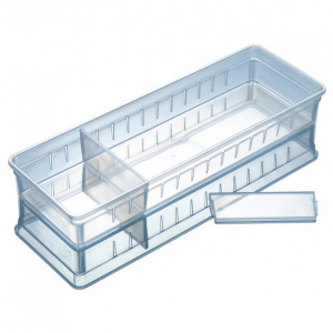 Cutie depozitare, organizator bucatarie cu 2 separatoare, 33,5x10,5x5 cm, Happymax, cutie organizare sertar, organizator sertar, cutie compartimentata sertar, solutii organizare sertare, organizator sertare bucatarie, separator sertar, cutie de depozitare