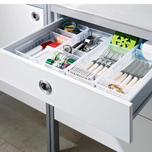 Cutie depozitare, organizator bucatarie cu 2 separatoare, 33,5x10,5x5 cm, Happymax, cutie organizare sertar, organizator sertar, cutie compartimentata sertar, solutii organizare sertare, organizator sertare bucatarie, separator sertar, cutie de depozitare
