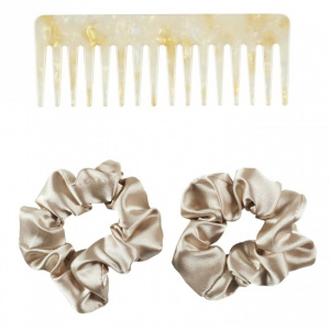 Set 3 pieptan si 2 elastice de par, din satin, crem, Happymax, elastic pentru par, accesorii par, Set 2 Elastice pentru par din 100% matase elastica, set eleastice par largi