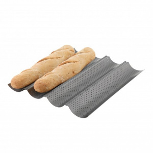 Tava de copt pentru 4 baghete, otel carbon perforat, 38 x 33 x 2,5 cm, tava baghete, tava perforata baghete, tava preparare baghete, tava cuptor pentru baghete