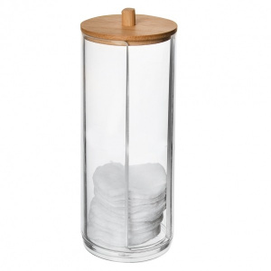 Cutie dischete demachiante, cu capac lemn de bambus, 17,5 x 7 cm, happymax.ro organizator dischete demachiante, organizator discuri demachiante, organizator cosmetice, Suport pentru dischete demachiante Orion, Acril/Lemn, Transparent