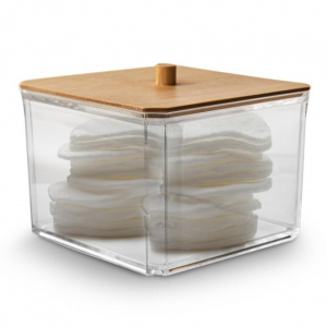 Recipient pentru dischete demachiante, cu capac din bambus, happymax.ro  organizator dischete demachiante, organizator discuri demachiante, organizator cosmetice, Organizator transparent pentru bețișoare și dischete