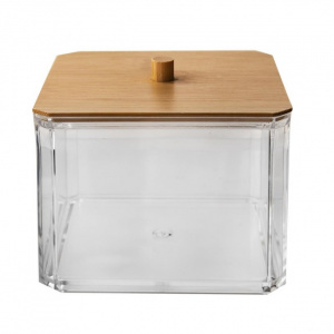 Recipient pentru dischete demachiante, cu capac din bambus, happymax.ro organizator dischete demachiante, organizator discuri demachiante, organizator cosmetice, Organizator transparent pentru bețișoare și dischete