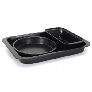 Set 3 forme patiserie, din otel carbon - tava, forma rotunda, forma dreptunghiulara, forma de copt antaderenta, tava pentru copt rotunda