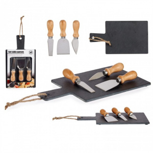 Set platou ardezie si 3 cutite branzeturi tari. Platou taiere branzeturi si mezeluri. Platou piatra de ardezie pentru taiat si feliat branza, parmezan, cascaval, salam si carnati
