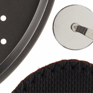 Set tava pizza, manusa cuptor si feliator pizza, set pentru preparare pizza la cuptor, tava perforata pizza, manusa d ebucatarie neopren si taietor pizza cu rotita
