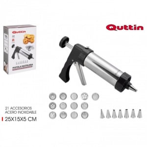 Aparat pistol pentru biscuiti si ornare patiserie, 21 accesorii Quttin. Dispozitiv pentru biscuiti, fursecuri cu discuri si duiuri de ornare de inox. Aparat tip pistol, pentru biscuiti si ornare patiserie, 21 accesorii, inox, Quttin,Aparat pistol biscuiti