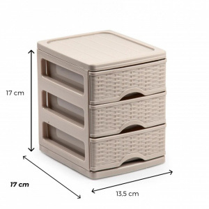 Organizator plastic, cu 3 sertare, impletitura tip ratan, 13,5x17x17 cm, crem, Turia, Happymax, Organizator plastic cu sertare Organizator cu multiple sertare Sertare de depozitare din plastic Sistem de organizare cu sertare Organizator transparent cu ser