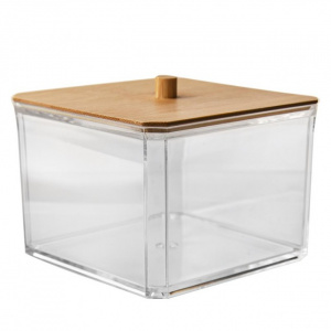Recipient pentru dischete demachiante, cu capac din bambus,happymax.ro  organizator dischete demachiante, organizator discuri demachiante, organizator cosmetice, Organizator transparent pentru bețișoare și dischete