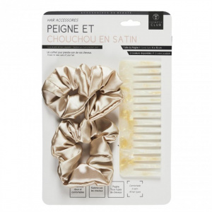 Set 3 pieptan si 2 elastice de par, din satin, crem, Happymax, elastic pentru par, accesorii par, Set 2 Elastice pentru par din 100% matase elastica, set eleastice par largi