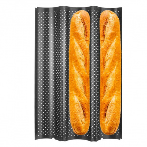 Tava cuptor pentru baghete, antiaderenta, Happymax.ro forma baghete, forma baguette, forma copt baghete, tava perforata baghete, tava pt baghete, tava preparare baghete, Tava de copt pentru paine Orion, Otel, 38x24.5 cm, 3 Baghete, Negru