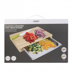 Tocator bambus cu sertar metalic 38x26 cm,  tocator bambus, tocator din lemn de bambus cu tava, sertar de inox