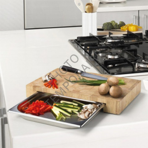 Tocator bambus cu sertar metalic 38x26 cm,  tocator bambus, tocator din lemn de bambus cu tava, sertar de inox